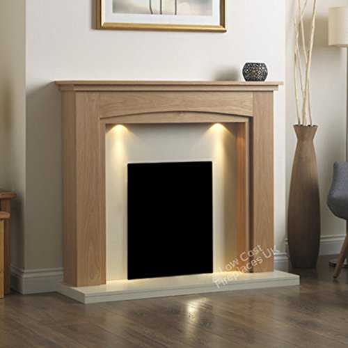 Electric Oak Surround Cream Ivory Modern Freestanding Wall Fire Fireplace Suite Lights Downlights 48"