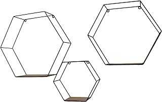 Whaleycorn Hexagon Wall Shelves Set of Three Industrial Style Metal and Wood Wire Frame