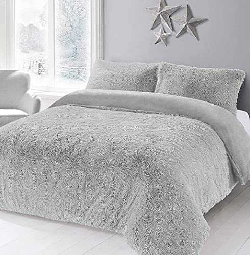 Beddingster Teddy Fleece Duvet Cover Set - Luxury Thermal Duvet Cover Sets - Soft & Warm Teddy Bear Bedding With Cuddly Fluffy Pillow Covers (Silver, Super King)