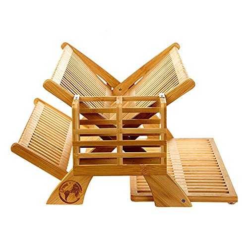Earth Dream Bamboo Wood Foldable Drying Rack - Kitchen Dish Drainer with Dual Tiers for Plates - Collapsible Dish Strainer Utensil