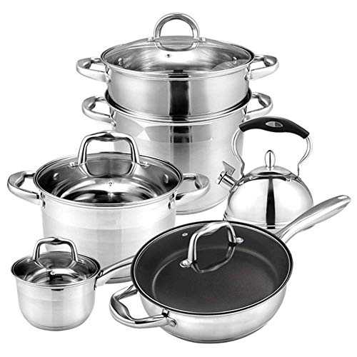Wyxy Cookware-Set 5-Piece,Cooking Pot Set,Made of Stainless Steel,with Glass-Lids,All Types of cookers, Induction,（Steamer, Soup Pot, Frying pan, hot Milk Pot, teapot） saucepans Sets