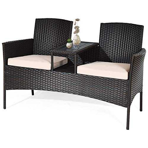 COSTWAY 2-Seater Rattan Chair with Coffee Table and Removable Cushion, Outdoor Garden Patio Wicker Loveseat Conversation Furniture Set Partner Bench (Khaki)