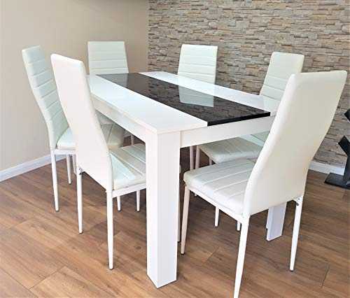 KOSY KOALA white and black wood dining Table with 6 white metal Faux Leather chairs high gloss dining set (Table with 6 white metal chairs)
