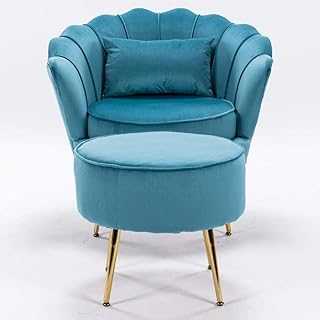 YRRA Velvet Tub Chairs with Footstool Upholstered Seat Metal Legs Accent Armchair Living Room Lotus Shape Single Sofa Deco Chair (light blue)