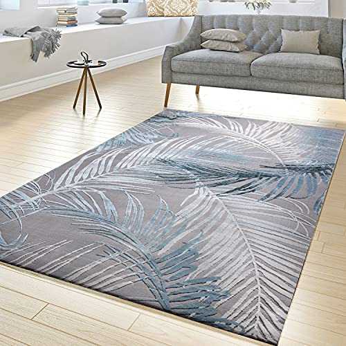 Modern Rug Living Room Rugs High Low Texture Palm Design In Grey Turquoise, Size:240x340 cm