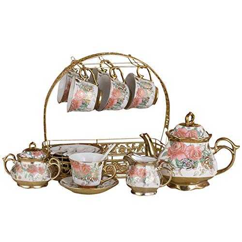 Tea Sets for Afternoon Tea with Teapot,Tea Sets Glazed Porcelain Rose Pattern Afternoon Tea Drinkware Coffee Set With 6 Piece Cups And 6 Piece Saucer