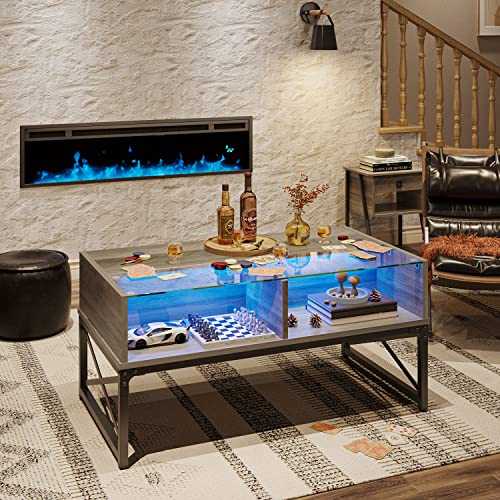 Bestier LED Coffee Tables for Living Room with Storage, Glass Center Table with 20 Colors Led Lights, Disapaly Living Room Table 42 Inch Grey Wash