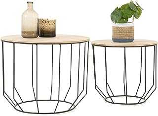 LIFA LIVING Set of 2 Wire Side Tables with Storage Basket, Removable Top Tray, Wooden & Black Metal Nests of Tables, Coffee End Tables for Living Room, Kitchen, Bedroom