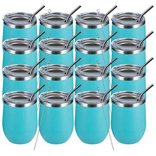 MEWAY 12oz Wine Tumbler 16 Pack Bulk Gifts for Women,Double Wall Vacuum Stainless Steel Travel Mug with Lid,Insulated Stemless Wine Cup Glass for Coffee,Cocktails(Light green,Set of 16)