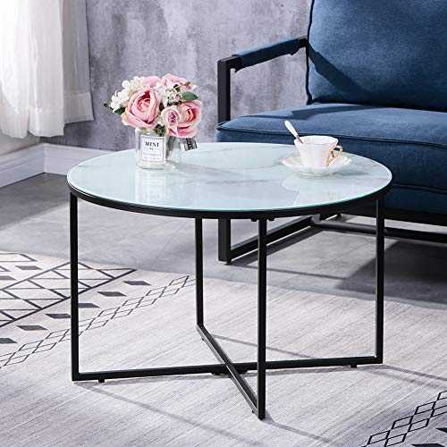 GOLDFAN Marble Coffee Table Round Glass Living Room Centre Table with Black Metal Frame Modern End Side Sofa Table, White