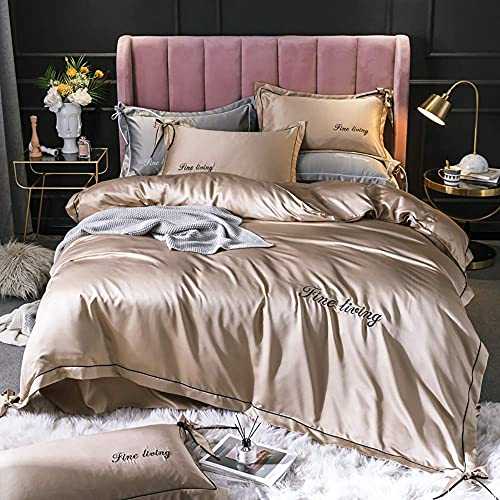 Duvet Cover Double Grey Silk, Bedding Sets Duvet Cover Sets King Size Luxury Full Satin Silk Soft Silky Navy White 4 Piece Comforter Cover Set Adult Double(Gold King)
