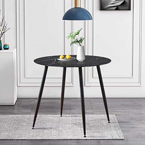 GOLDFAN Round Glass Dining Table Marble Kitchen Table with Black Metal Legs for Dining Room Living Room Office, 90 cm, Black (Table Only)