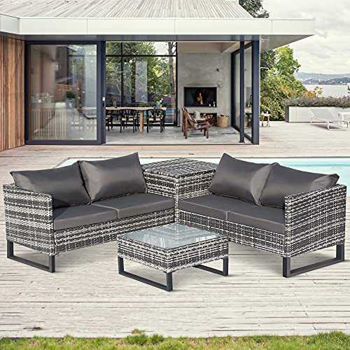 4 Pieces Patio Furniture Set, Garden Rattan Corner Sofa Set Outdoor Furniture Patio Sofa with Large Storage Box, Tempered Glass Coffee Table, for Poolside Lounging Garden and Backyard【UK Spot】