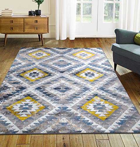 A2Z Rug|Paris 1994 Ikat Modern Silver Grey Mustard Yellow Pattern|Conservatory Foyer Front Room Area Rug|Soft Short Pile 240x330cm - 7'10"x10'10"ft|Geometric Extra Large Area Carpet