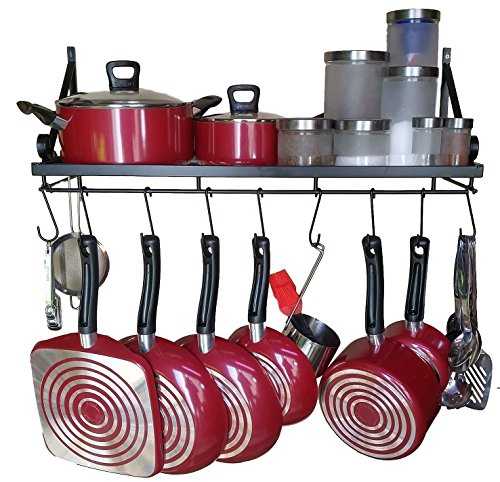 30" Wall Mounted Pots And Pans Rack.Pot Holders Wall Shelves With 10 Hooks.Kitchen Shelves Wall Mounted With Wall Hooks.Kitchen Storage Pot Holder Pot Rack.Pot Pan Organizer.Pot Pan Rack.