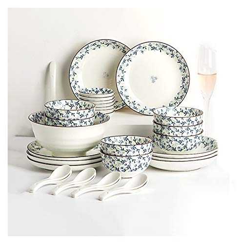 YIXIN2013SHOP Dinner Plates 30 Pieces of Household Ceramic Dinnerware Set Elegant Blue Plant Flowers Plates and Bowls Sets, Dinner Plate Sets with Brown Hand- painted Strokes Dishes Plates