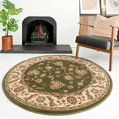 Medallion Green Persian Style Traditional Oriental Table Circle Rug Classic Floral Lounge Living Room Mat Carpet Cream Transitional Area Rugs 133cm x 133cm