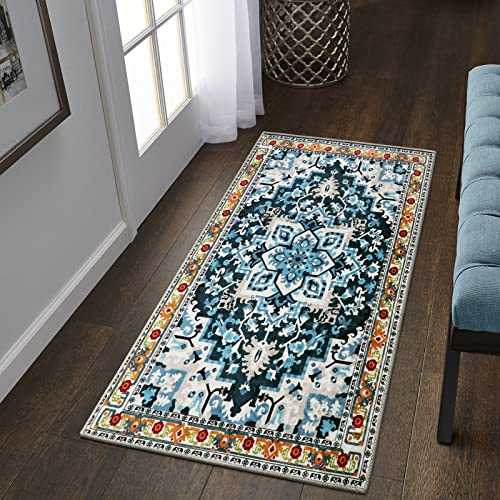 Lahome Collection Traditional Area Rug - Non-Slip Distressed Vintage Persian Oriental Area Rug Small Accent Throw Low Pile Rugs Floor Carpet for Door Mat Entryway Bedrooms Decor (2’ X 4’, Blue)