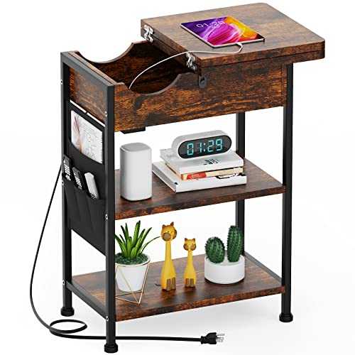 End Table with Charging Station, Narrow Side Table with USB Port and Outlet, Flip Top Nightstand with Storage Shelf, Storage Bag for Small Spaces, Bedside Table for Living Room, Bedroom (Brown)