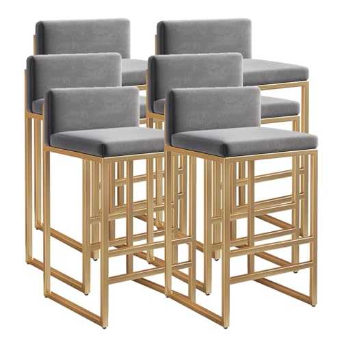 LANGSTON Modern Bar Stools Counter Height Bar Stools Set, Suede Breakfast Stools Upholstered Barstools with Back, Dining Room Armless Bar Chairs with Metal Frame,6Pcs Gray Gold,75cm