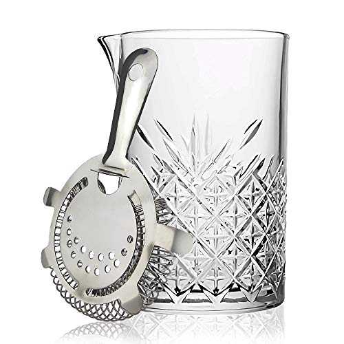 Cocktail Mixing Glass Pitcher with Hawthorne Strainer, Large 725ml Cut Glass Cocktail Stirring Jug (Silver)