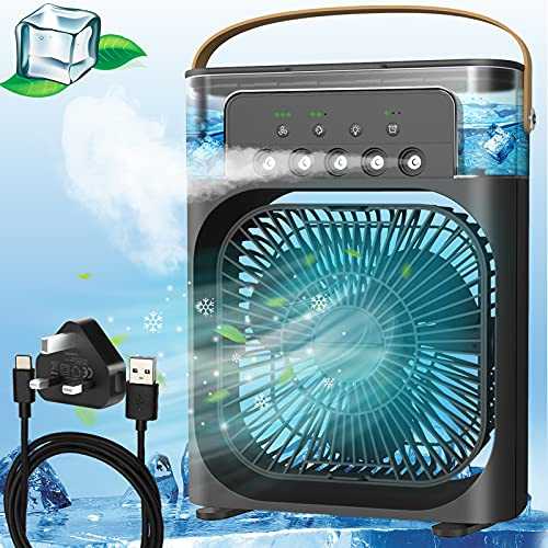 Portable Air Cooler,Personal Air Conditioner Fan Mini Quiet Evaporative with AC adapter,Humidifier Misting Fan, 1/2/3 H Timer, 3 Speeds,60°Adjustment for Office, Home, Room,Dorm,Outdoor- Black