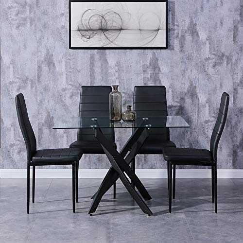 GOLDFAN Tempered Glass Dining Table and Chairs Set 4 Modern Kitchen Table and Faux Leather Chairs Dining Room Sets,Black/120CM