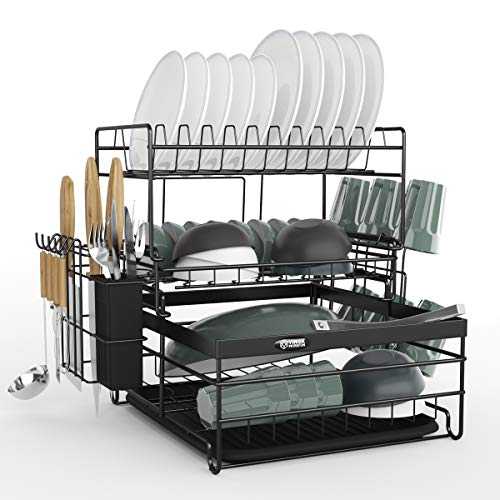 Dish Drainers Rack with Drip Tray, Stainless Steel 3 Tier Large Dish Drying Rack with Cup,Cutting Boards,Utensil,Cutlery Holder,Plate Rack for Kitchen Counter (black)