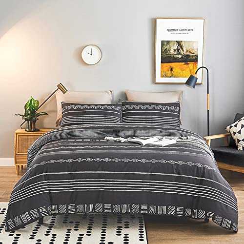 WARMDERN Boho Duvet Cover Set King, Cotton Duvet Cover with Zipper, 3 Pcs Soft Geometric Striped Reversible Design Bedding Set & 2 Pillowcase(240x220 cm + 50x75 cm x 2, Dark Grey)