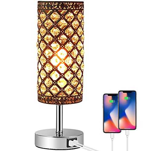 PROZOR Crystal Table Lamp with Dual USB Ports Dimmable Touch Control Bedside Table Light with E27 6W Bulb and Certified Power Supply Modern Sliver Light for Bedroom Living Room Guest Room