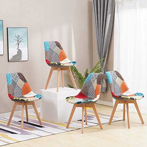 Homcasa Multicolour Patchwork Chair, Home Office Lounge Dining Chair with Soft Cushion and Solid Wood Legs (4 Chairs)