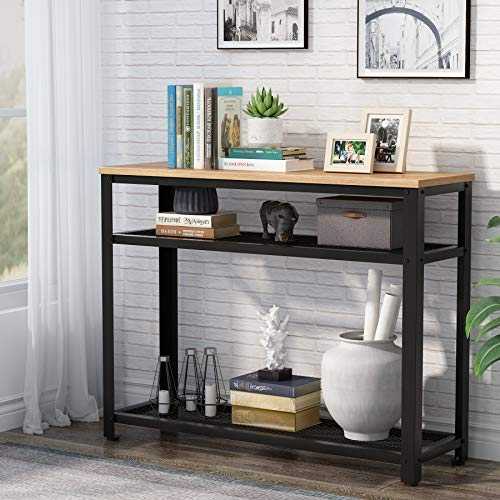 Tribesigns Console Table, Entryway Hallway Table with 2 Mesh Storage Shelves, Industrial Style, for Living Room, Corridor, Bedroom (Maple Wood)