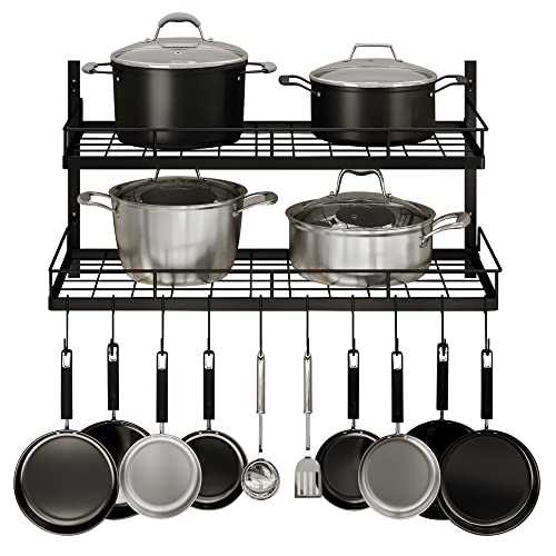 ZHOHO TANT Hanging Pot Rack Wall Mounted 2 Tiers Pot and Pan Hanging Rack with 10 Hooks Kitchen Pan and Pot Hanger for Pot Storage Rack