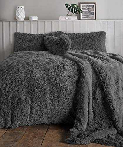 Teddy Bear Fleece Long Fur Cuddles Alaska Luxury Duvet Cover Set Warm Cosy Soft Teddy Bedding Set (Charcoal, King)