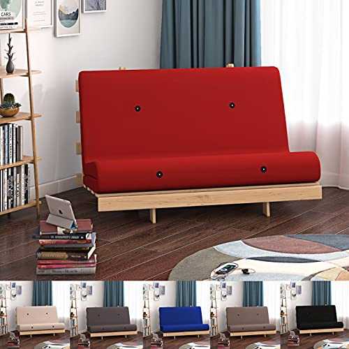 Panana Double Sofa Bed Sleeper Foldable Sofa Couch Wooden Sofa for Living Room Furniture with Mattress, Red, 4FT