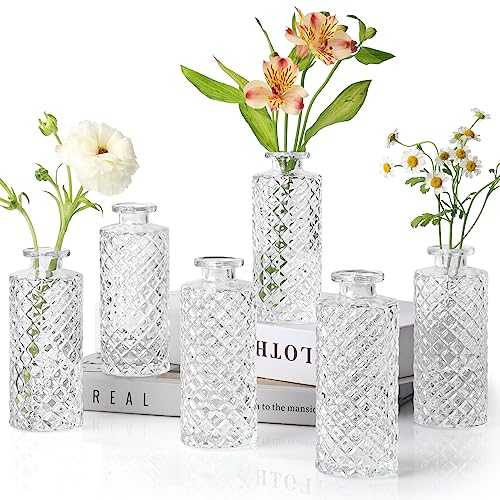 ComSaf Glass Bud Vases Set of 6, Small Diamond Bud Vases in Bulk, Mini Flowers Vases for Centerpieces, Vintage Bottle for Table Decorations, Wedding Decor, Recepetion, Home, (Clear)