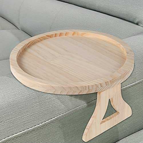 Natural Pine Wood Sofa Side Tables Waterproof Round Portable and Foldable Sofa Armrest Clip-On Tray Couch Arm Rest Organizer for Remote Drinks Phone Drink Snack Holder