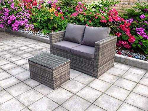 UK Leisure World NEW SINGLE GREY SOFA TWIN TABLE WITH COFFEE TABLE RATTAN WICKER CONSERVATORY OUTDOOR GARDEN FURNITURE SET Grey