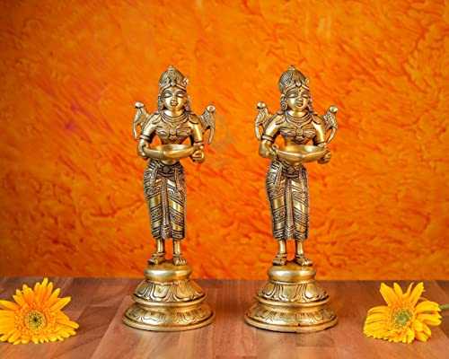 SHIVAJI ARTS Brass Deep Lakshmi Statue Home Temple, Oil Wick Diya Pair, Indian Handcrafted Deepak for Home Decor Handmade Lamp (Set of 2)