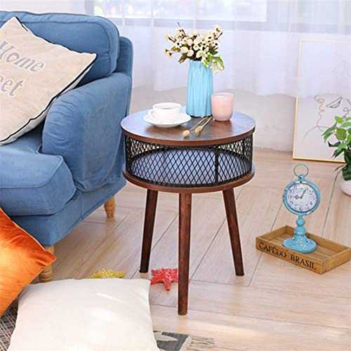 BATHWA Industrial Round End Table, Side Table with Metal Storage Basket, Vintage Accent Table, Wooden Look Furniture with Metal Frame, Easy Assembly (Brown)