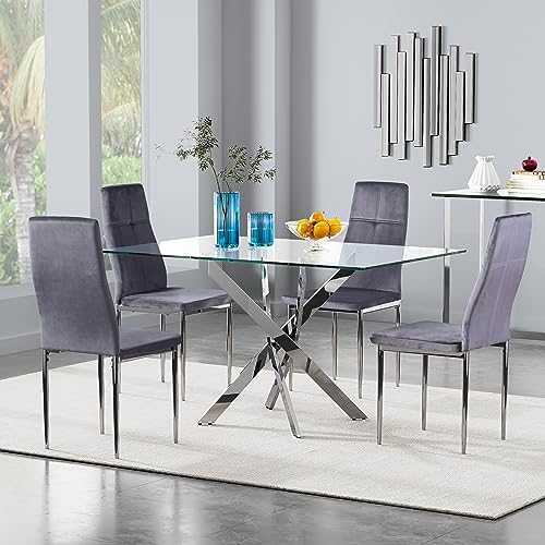 GOLDFAN Modern Glass Dining Table and 4 Chairs Set Rectangle Kitchen Table and Fabric Velvet Chairs with Chrome Legs,Green/120CM