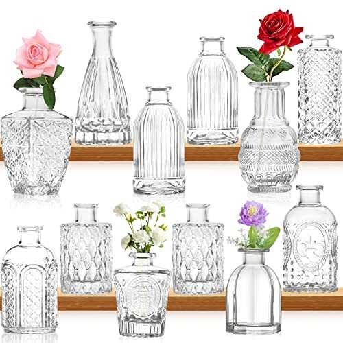 Small Glass Bud Vase Bulk Set of 12, Mini Vintage Flower Bottles Glass Flower Vase Various Sizes for Flower Arrangements, Decorative Table Decoration, Wedding Party at Home