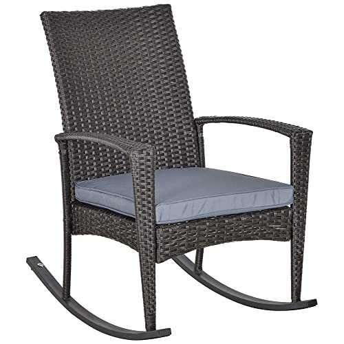 Outsunny Rattan Rocking Chair Rocker Garden Furniture Seater Patio Bistro Relaxer Outdoor Wicker Weave with Cushion - Grey