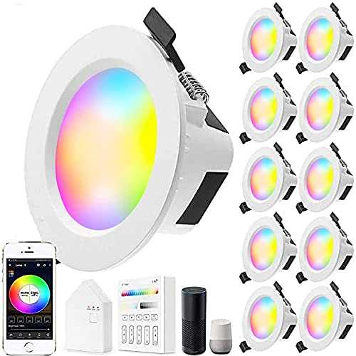 GEYUEYA Home Led Downlights Spotlights Ceiling Dimmable,WiFi Bluetooth Mesh LED Recessed Ceiling Lights 5W RGBCW RGB White CCT 2700K-6500K Color Change Aluminum Spotlights for Home Bar KTV-10 Pack