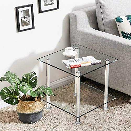Clear Glass Coffee Table Small with Storage Shelves Living Room, 2 Tiers Sofa Side Table Corner End Table Square Tea Table Beside Nightstand Table Tempered Glass with Chrome Legs