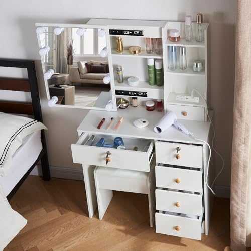 LIANWANG Hollywood Vanity with Lights and Mirror & Brightness Adjustable, Girls Vanity Desk Set with Charging Station, 6 Drawers, 6 Cabinets, Dressing Table with Chair for Bedroom