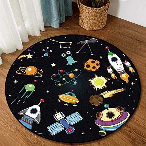 Round Rug, Color Cartoon Space Area Rugs Planet Pattern Carpet Rugs for Children Rooms Grey Modern Home Decor Polyester Floor Mat (A 140cm),carpet