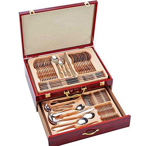 YGB 72 Piece Cutlery Sets, Arabesque Gold-Plated Stainless Steel Cutlery Spoon Wooden Box Gift Set Service for 4 - For Family Gathering, Conference, Picnic, Dishwasher Safe Cooking & Dining