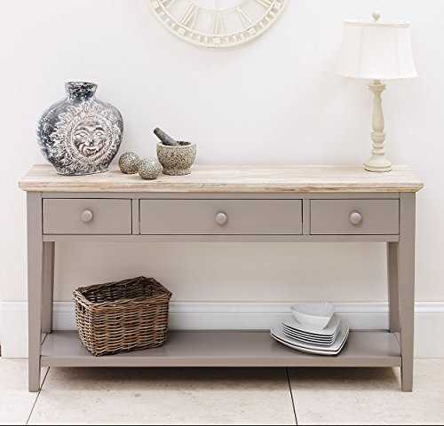 Florence Console Table Dove Grey. VERY STURDY console table with 3 drawers, shelf, solid sides and back. Beautiful limed top finish.