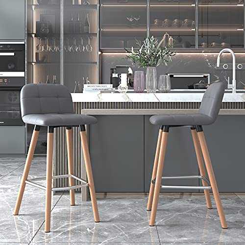 ModernLuxe Bar Stools Set of 2 pcs Barstools Faux Leather Seat Breakfast Kitchen Counter Bar Chairs Wood Leg in Nature High Chair Grey